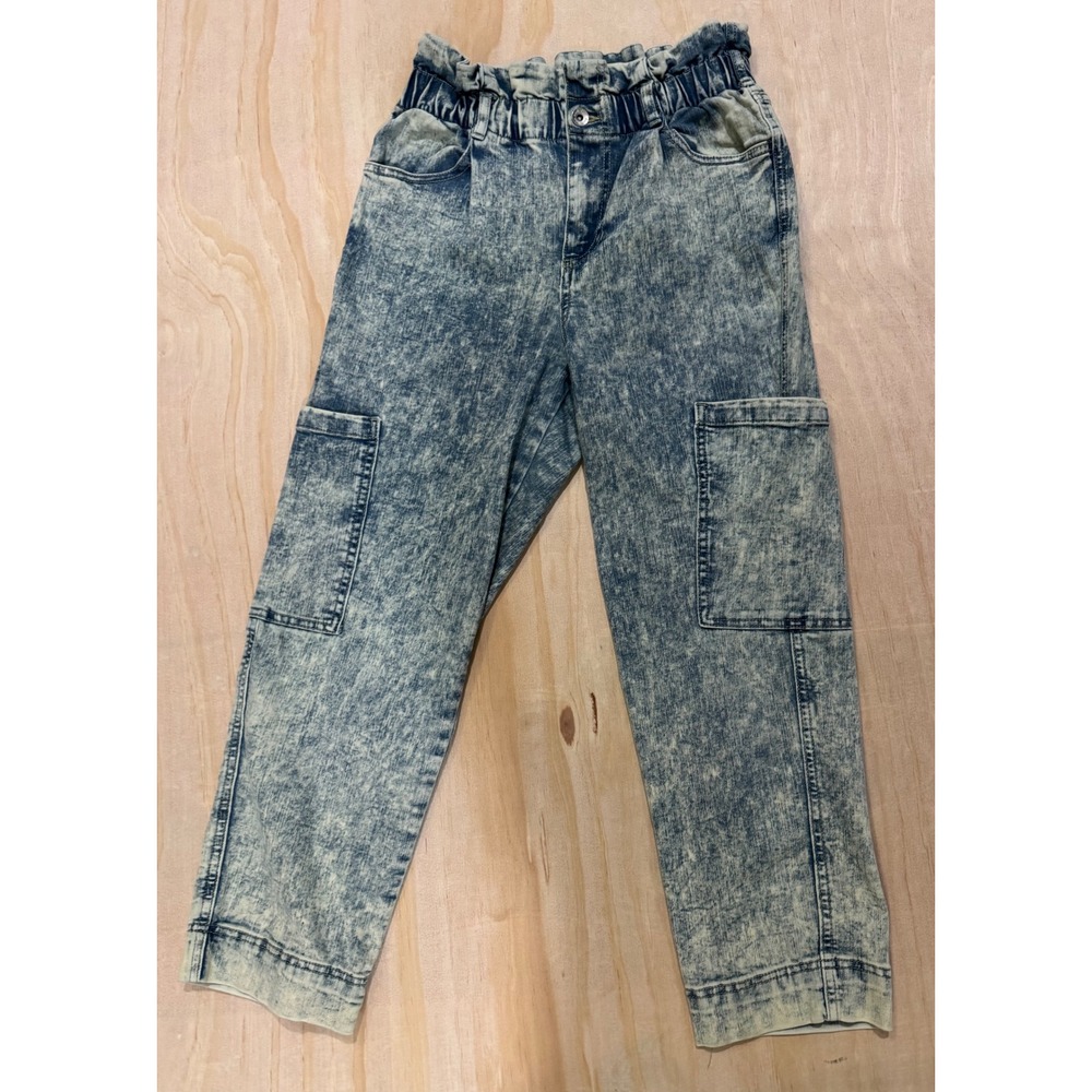 Anne Klein Crop Jeans Paperbag Waist Cargo Denim Pants Acid Wash Size 4 Y2K Edgy